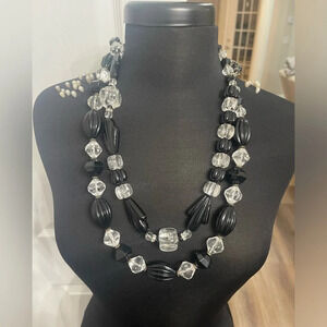 Lot Of 2 VINTAGE Faceted Black And Clear Lucite Beaded Necklaces Art Deco 1950s
